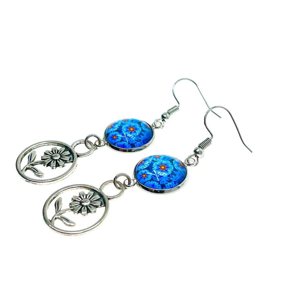 Teal Tea Flower Earring, Boho Dangle, Bohemian Jewelry, Antique Hippie Accessory